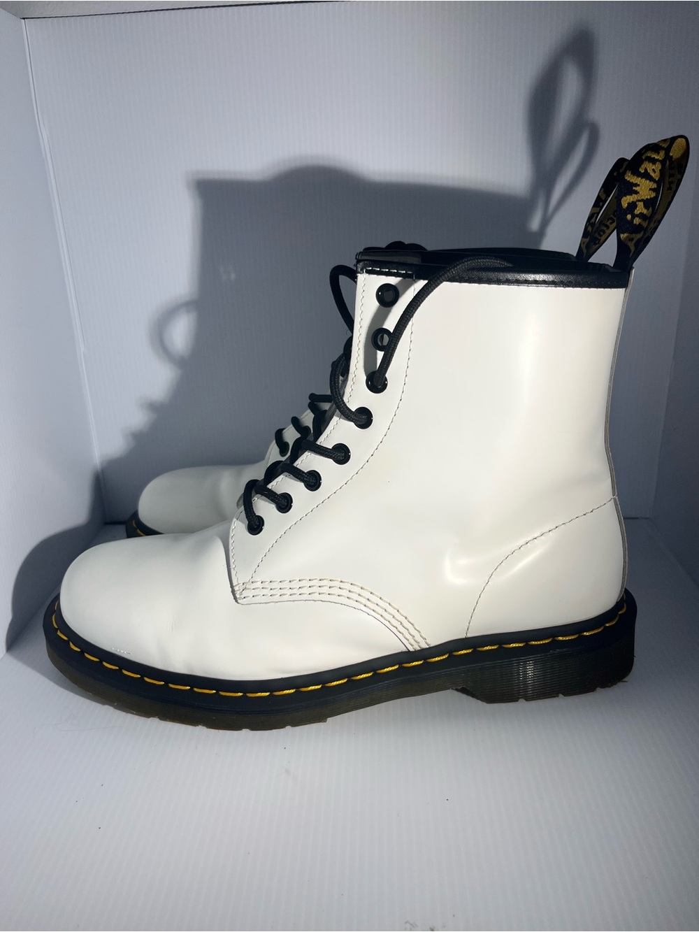 Dr. Martens White 8-Eye Leather Combat Boots with Black Trim